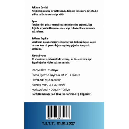 D3 VİTAMİN Zeus Nutrition 60 Kapsül x 2 Adet