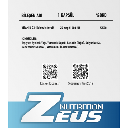 D3 VİTAMİN Zeus Nutrition 60 Kapsül x 2 Adet